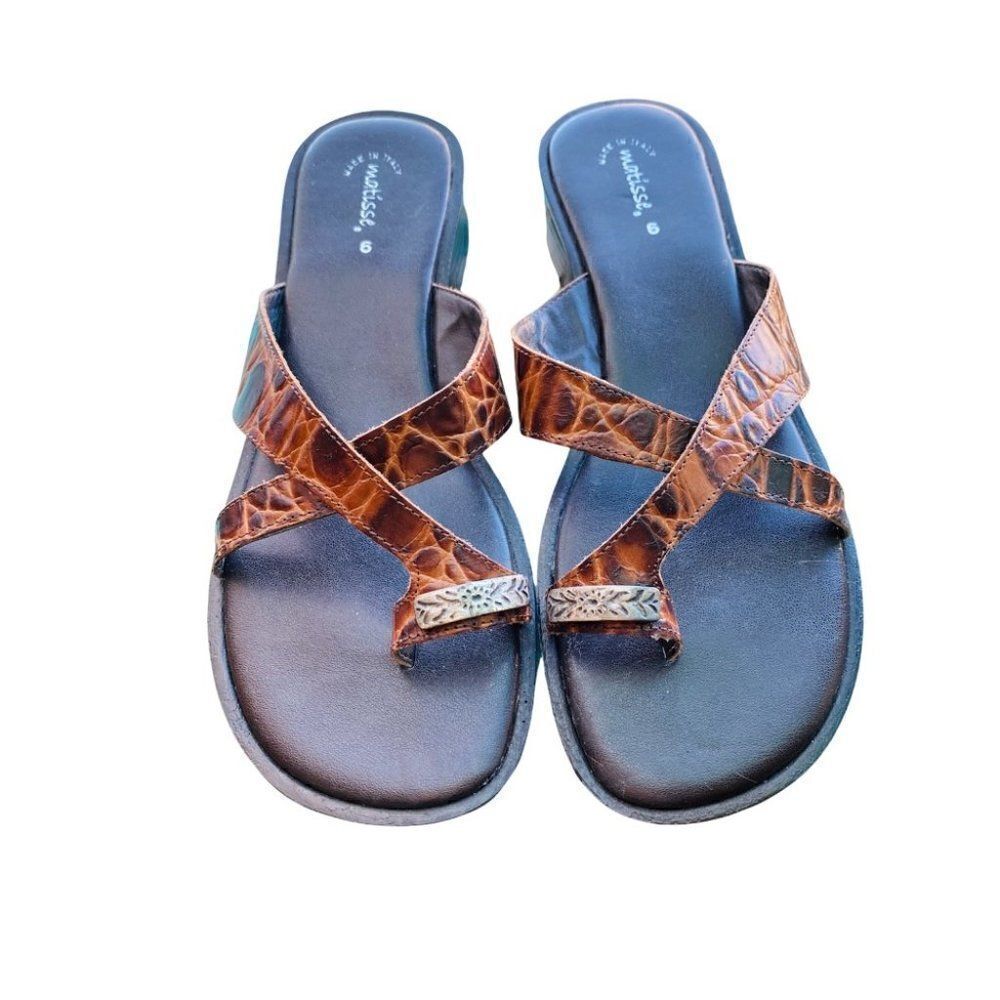 Matisse Leather Upper Animal Print Embellished Slip On Sandal Brown Size 6